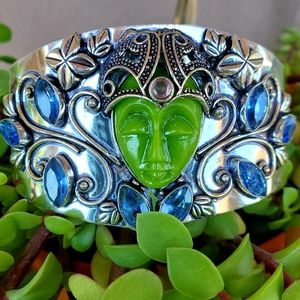 New Carved Green Goddess Face Iolite 925 Silver Adjustable Cuff Bracelet.